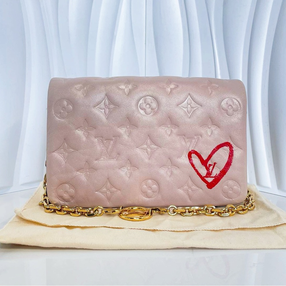 Louis Vuitton Rose Coussin Pochette Heart Love Embossed Lambskin Crossbody